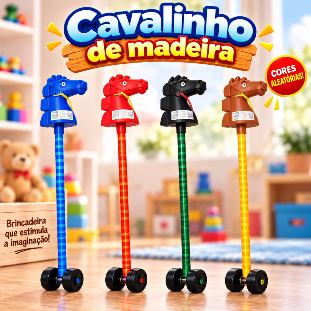 Cavalinho de Pau Infantil com Rodinhas Cavalo de Madeira Brinquedo Resistente 1 Metro Diversão Crianças
