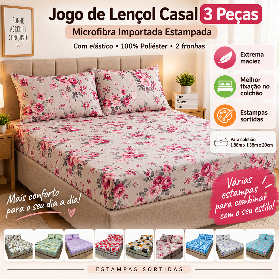 lençol casal com elástico jogo com 3 peças estampado
