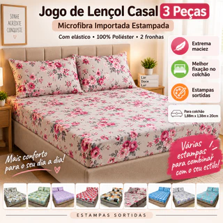 lençol casal com elástico jogo com 3 peças estampado