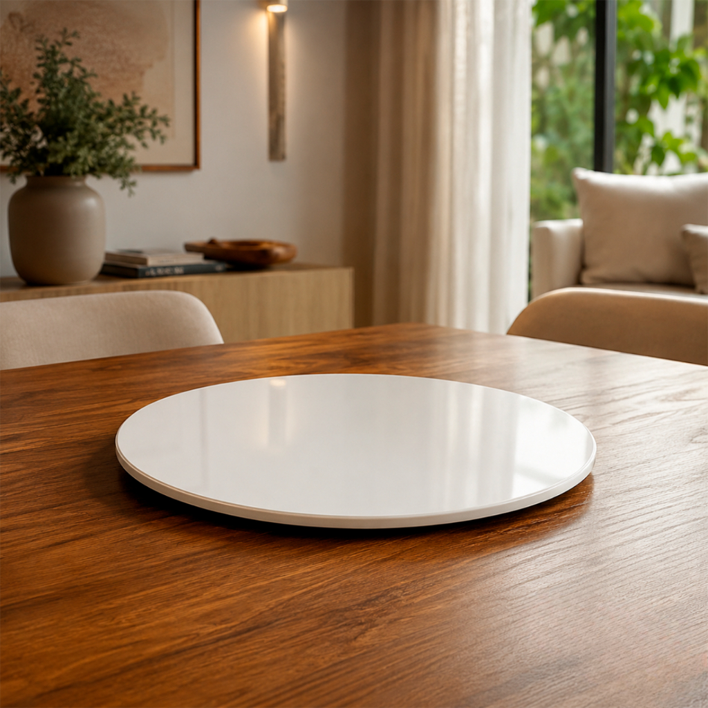 Centro Mesa Prato Giratório Off White Slim 40cm Tampa de Vidro Para Decoração Sala e Cozinha