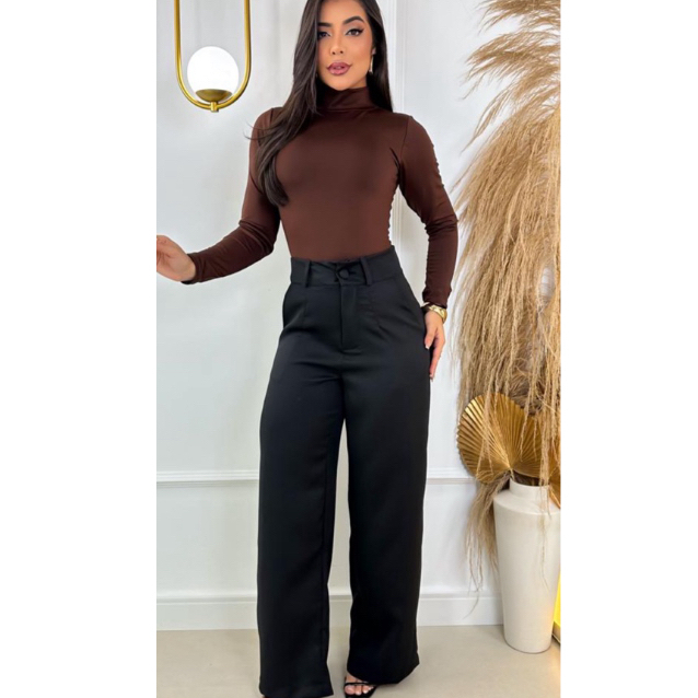 Calça alfaiataria wide leg pantalona feminina social zíper frontal PP