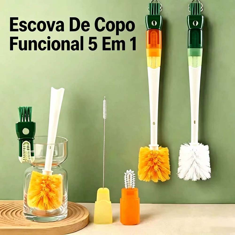Escova Multifuncional 5 em 1 para Limpeza de Copos, Garrafas Térmicas, Squeeze, Canudos e Mamadeiras