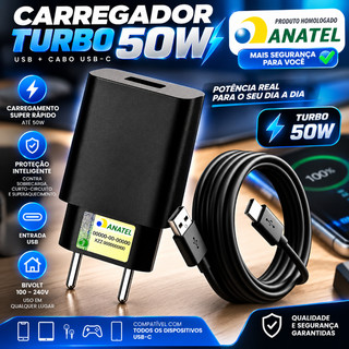 KIT Carregador Fonte E Cabo USB-C Turbo Power PD 50W Celular Android Cabo Resistente Homologado Anatel