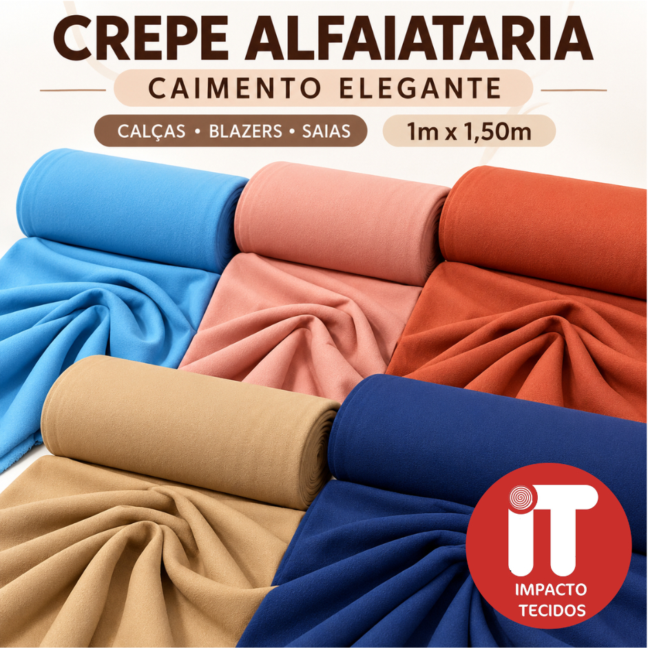 Tecido Crepe Alfaiataria Liso 1m x 1,50m para Calça Saia Vestido Social com Caimento leve, fluido e Elegante