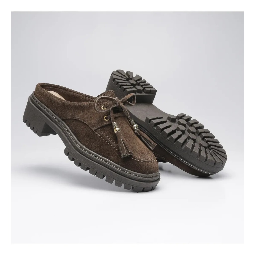 Mule Mocassim Flor de Griffe Feminino Camurça Couro Salto Bloco Tratorada Confortável Couro Legítimo