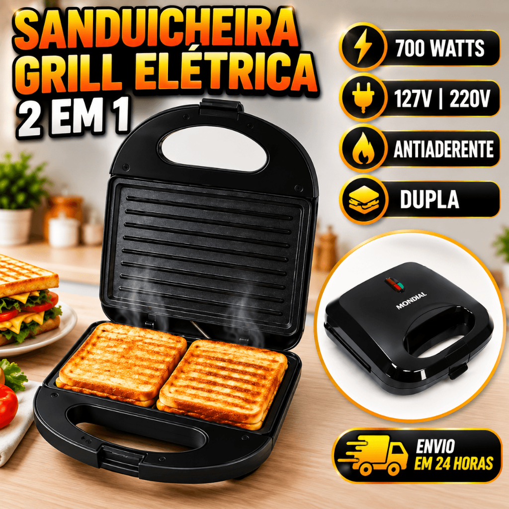 Sanduicheira Grill Elétrica 2 em 1 - Antiaderente com Prensa Dupla · 220V