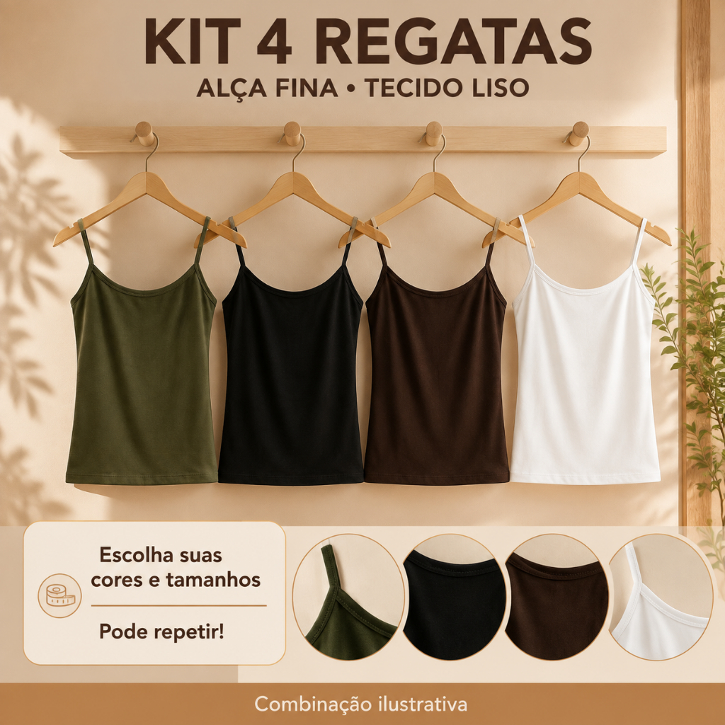 Kit 4  Regatas Feminina Alça Fina Básica em Viscose com Elastano Confortavel Verão