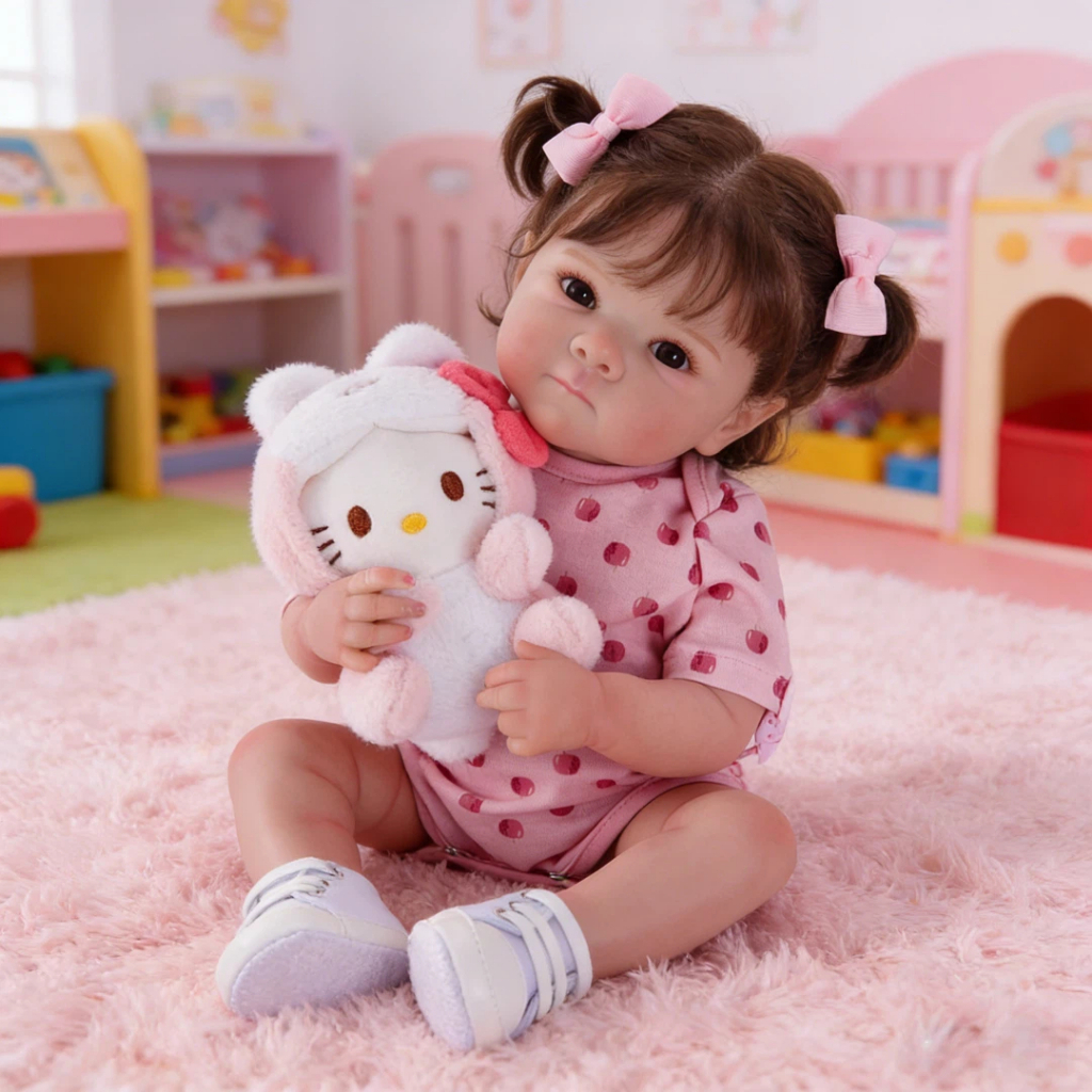 Bebê Reborn Boneca Silicone 48cm Menina Olho Castanho Kit com Acessórios Brastoy
