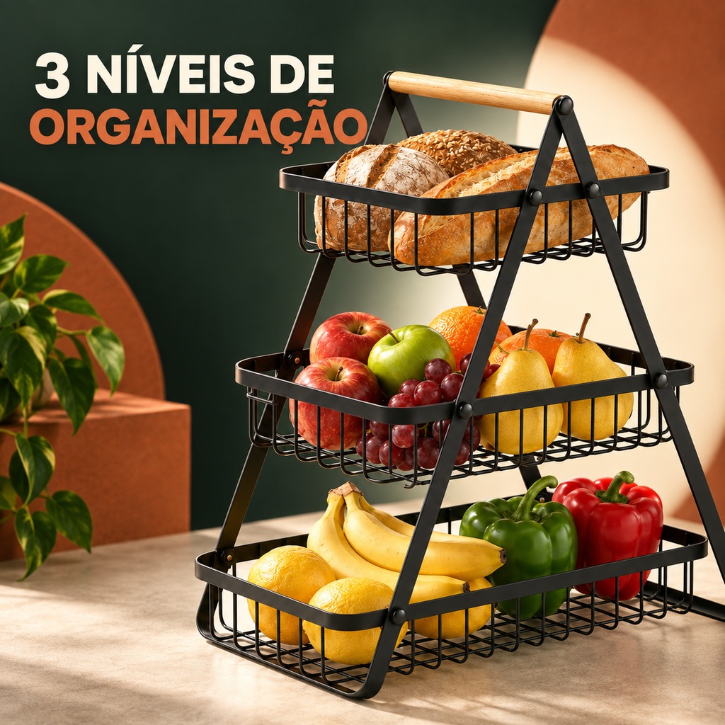 Fruteira De Mesa Organizador De Frutas Cesto Metal Aramado Multiuso Frutas Legumes Luxo Premium 3 Andares