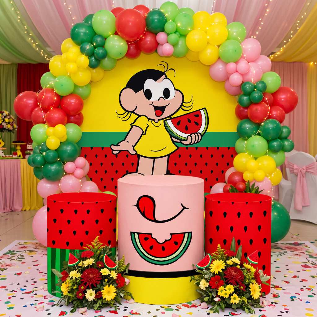 Kit Capa Painel De Festa + 3 Capas Cilindros Magali Turma Da Mônica Desenho Filme Infantil