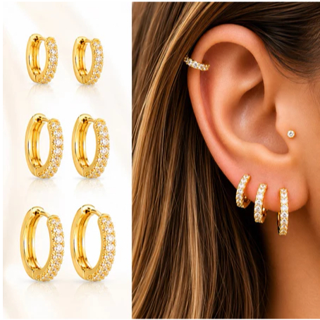 liya_shopp Kit 3 Pares Brinco Trio Com 3 Argolas Cravejada Na Zircônia Crystal Folheadas á Ouro 18K a prata 925
