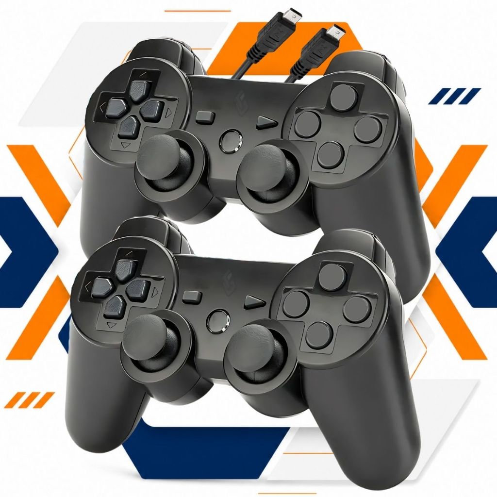 Kit 2 Controle Compativel com PS3 Sem Fio PC Gamer TV Manete Bluetooth Wireless Joystick + Cabo
