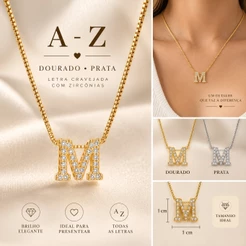Colar Letra Inicial Cravejada Banhada à Prata 925 e Ouro 18K