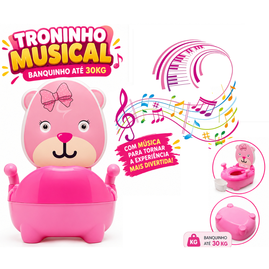 Troninho Infantil Banquinho até 30kg Musical 2 em 1 Desfralde Penico Privadinha Ursa Rosa