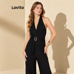 Lovito Macacao Chic Longo Decote V Laço Feminino Basico Preto Moda JRB1017BRL1047