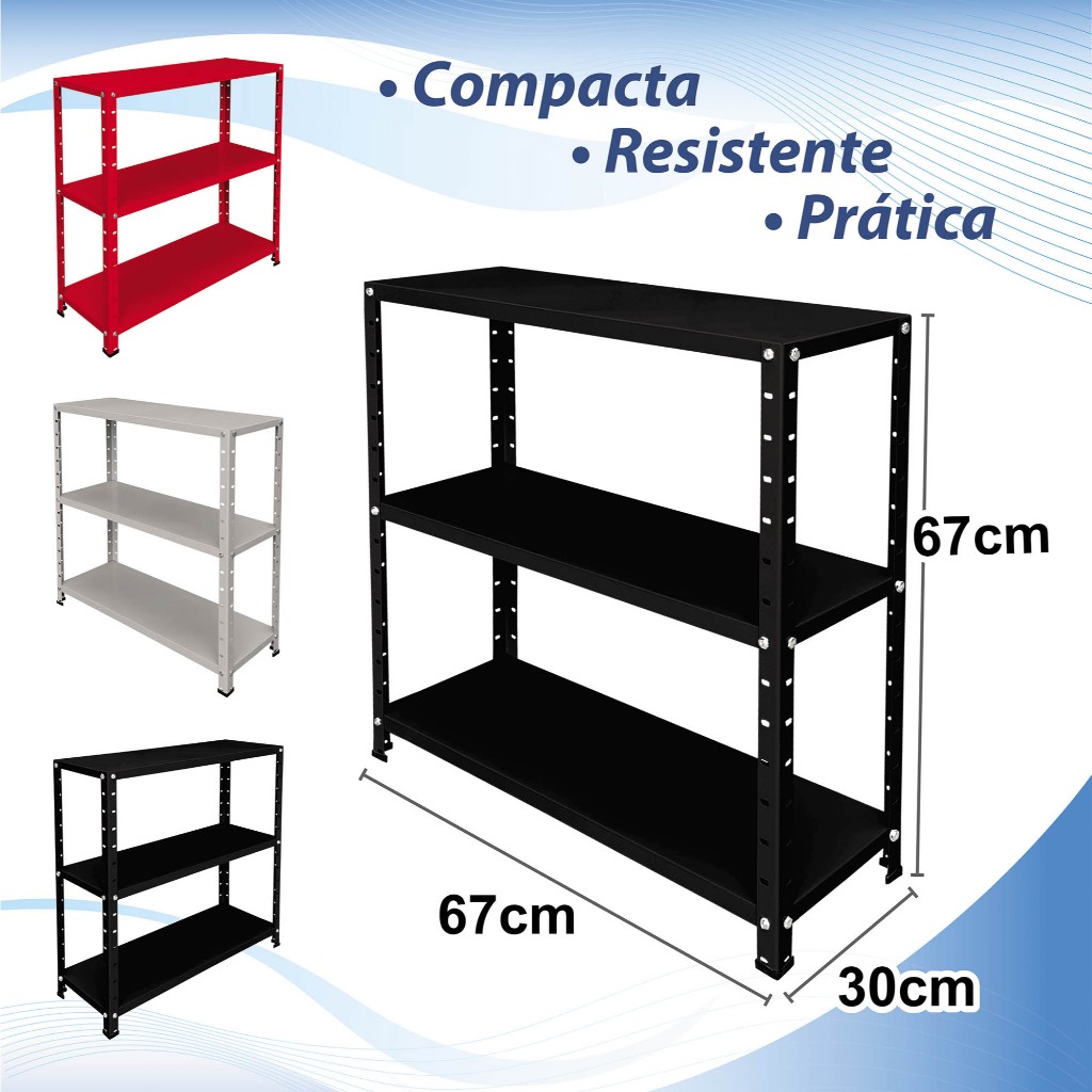 Estante 3 prateleiras aço reguláveis multiuso 30x67cm 15kg cinza, preta ou vermelha