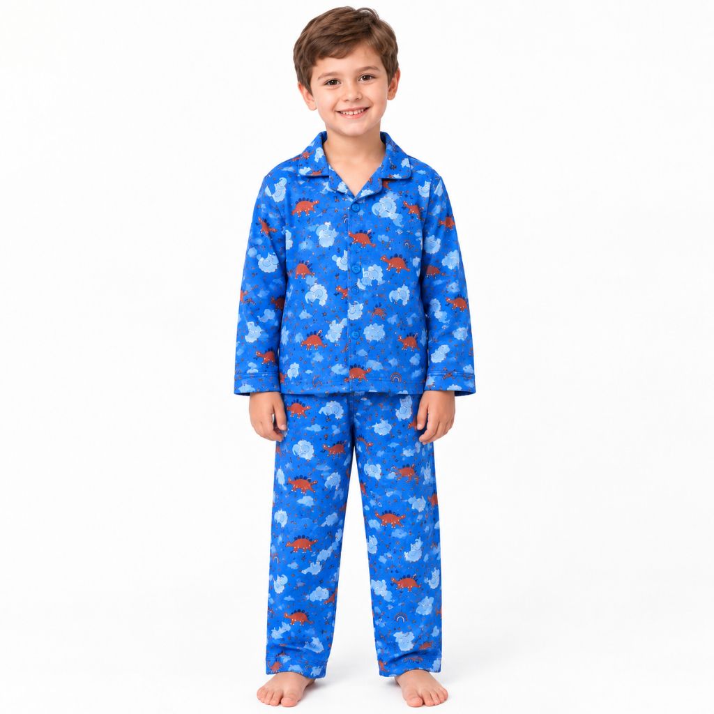 Pijama Americano Menino Botões -  Confortável  Infantil Masculino Dinossauro Manga Longa Conjunto Estampado
