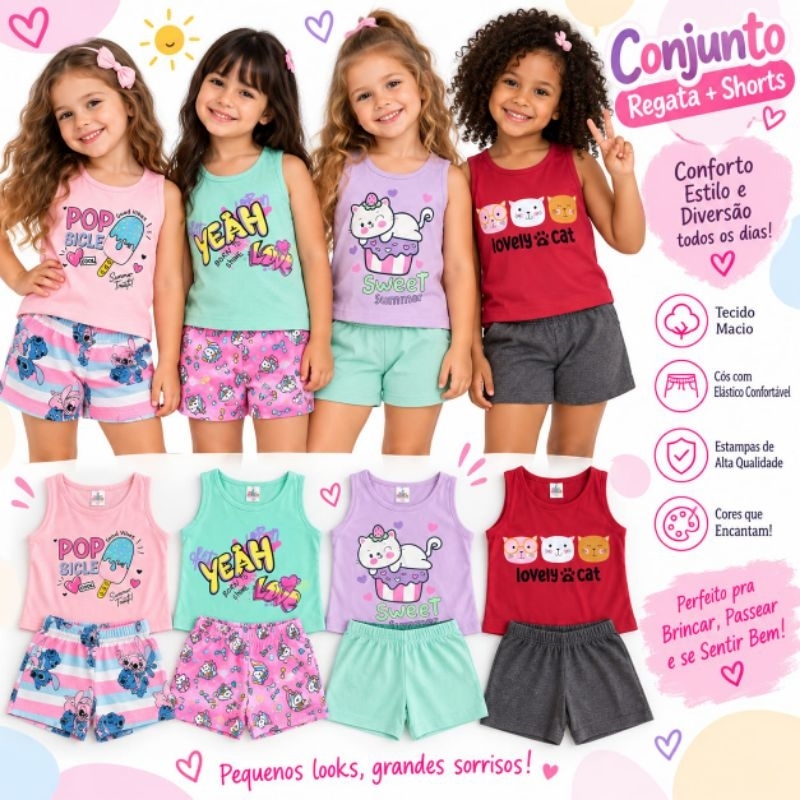 Kit Conjunto Infantil Menina do 2 ao 12 Anos Sortido |  Regata +  Short | Roupa Infantil Menina Verão