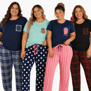 Pijama Feminino Longo Curto Meia Estação Camiseta e Calça Malha PV Antipeeling Xadrez Poá Capivara Plus Size