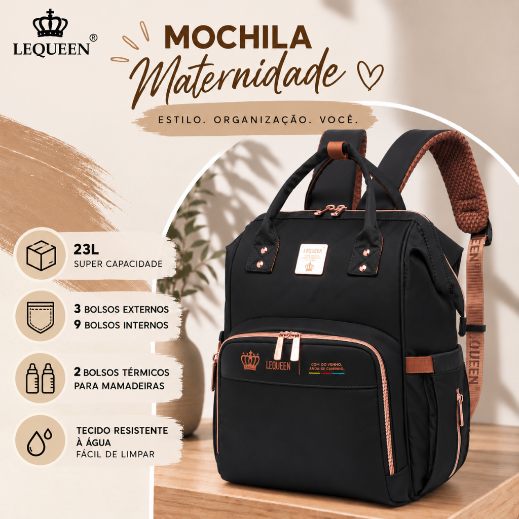 Mochila Maternidade Lequeen Preta Espaçosa Reforçada 23L
