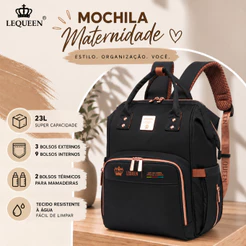 Mochila Maternidade Lequeen Preta Espaçosa Reforçada 23L