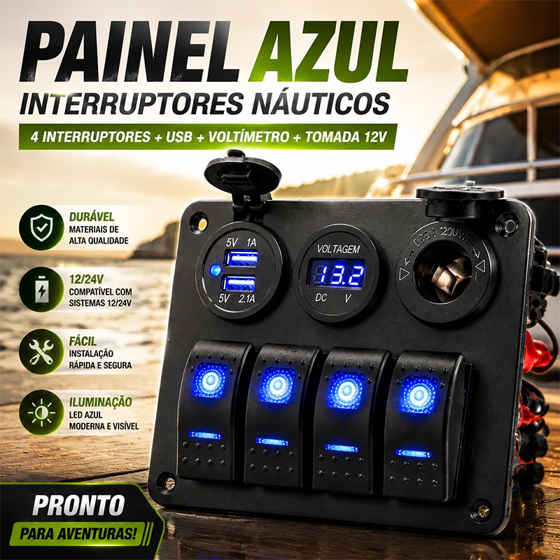 Painel Elétrico 2 Usb 4 Chaves Com Voltímetro Lancha Barco