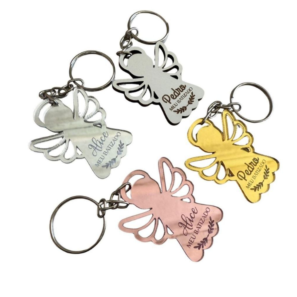 Lembrancinha Chaveiros Personalizados Anjo Batizado Acrílico Decoração MDF Branco Enfeite