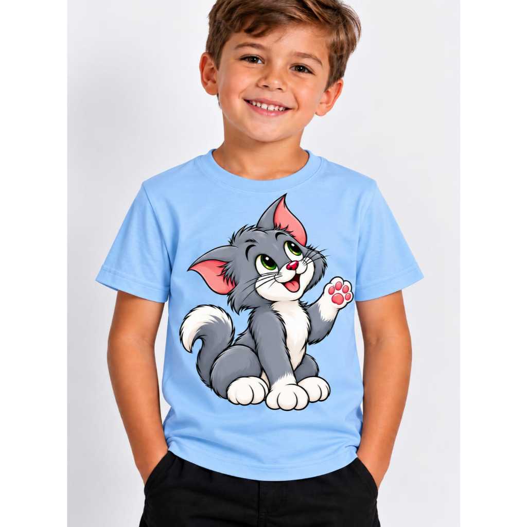 Camiseta Infantil Masculina Crianças Confortável Casual Premium para Dia a Dia Estampada "Gatinho Desenho Animado"