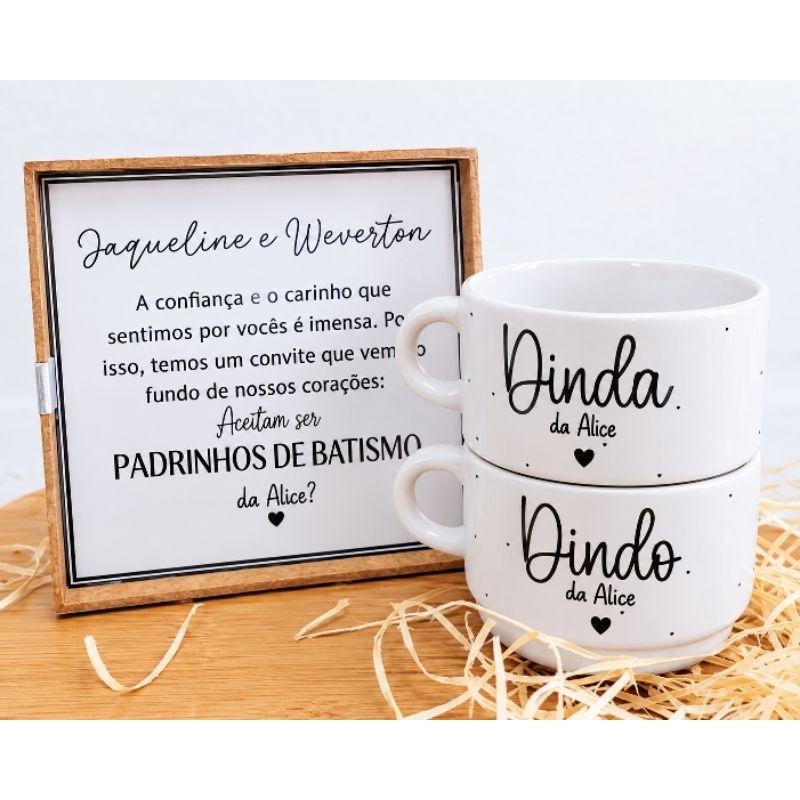 Kit Convite Padrinhos de Batismo Personalizado | Caixa MDF + 1 ou 2 Xícaras | Presente Dinda e Dindo
