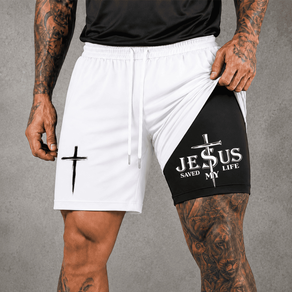 Short Masculino Bermuda 2 em 1 Plus Size Compressão UV Secagem Rápida Musculação Corrida Academia Cruz Jesus