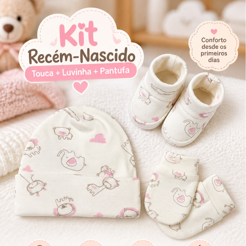 Kit 3 Peças Touca Luva Sapatinho para Bebê Menina Suedine Algodao Recém-Nascido Antialérgico Estampado