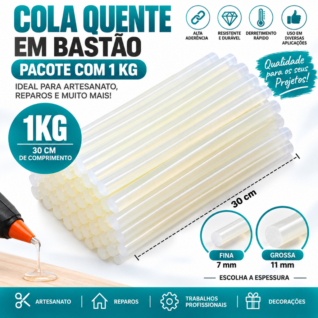 Bastão Cola Quente Refil Transparente Fina 7mm ou Grossa 11mm Grande 30cm pacote 1kg