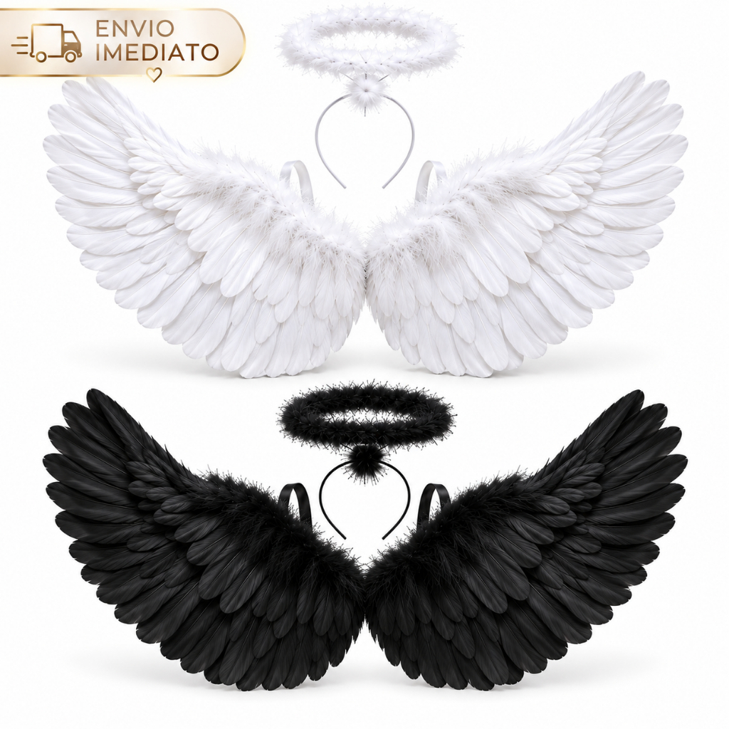 Fantasia Asa de Anjo 40x60cm com Penas Carnaval Halloween Infantil e Adulto