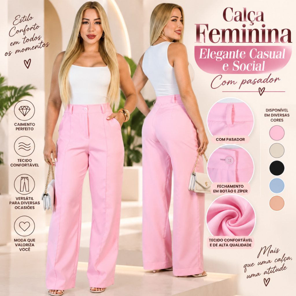 Calça Feminina Alfaiataria Pantalona Cintura Alta Wide Leg Elegante Social Confortável — imagem 2 de 2