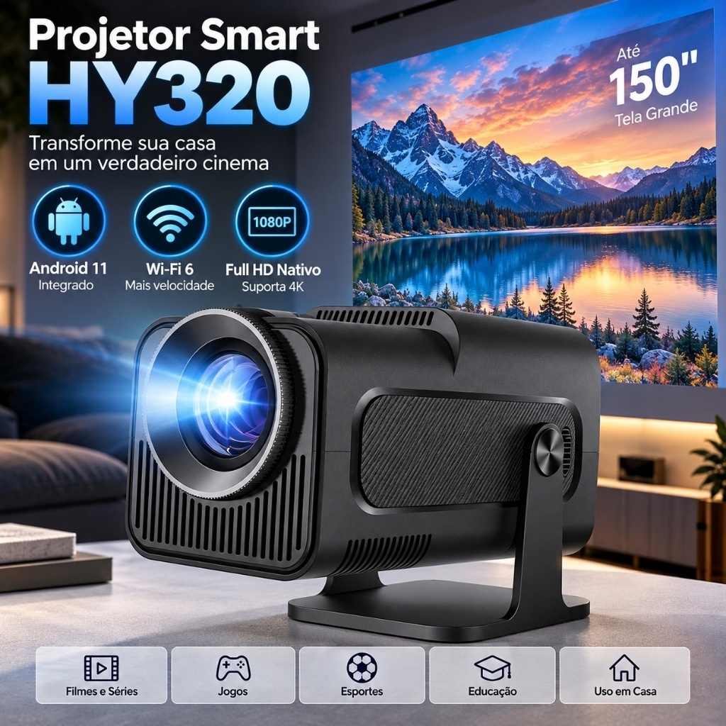 Projetor de Imagem na Parede Para Celular HY320,4K Portátil Full HD Nativo 1080p WiFi Bluetooth Suporta Rotação 150-180°