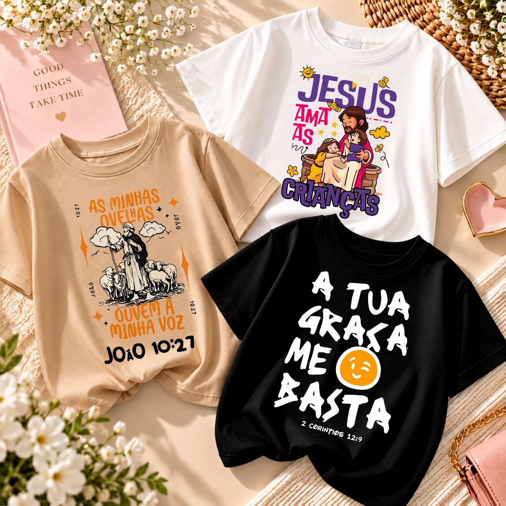 Kit Camisetas Infantis Estampas Religiosas Unissex 3 Blusas Cristãs Jesus Crianças 100% Algodão