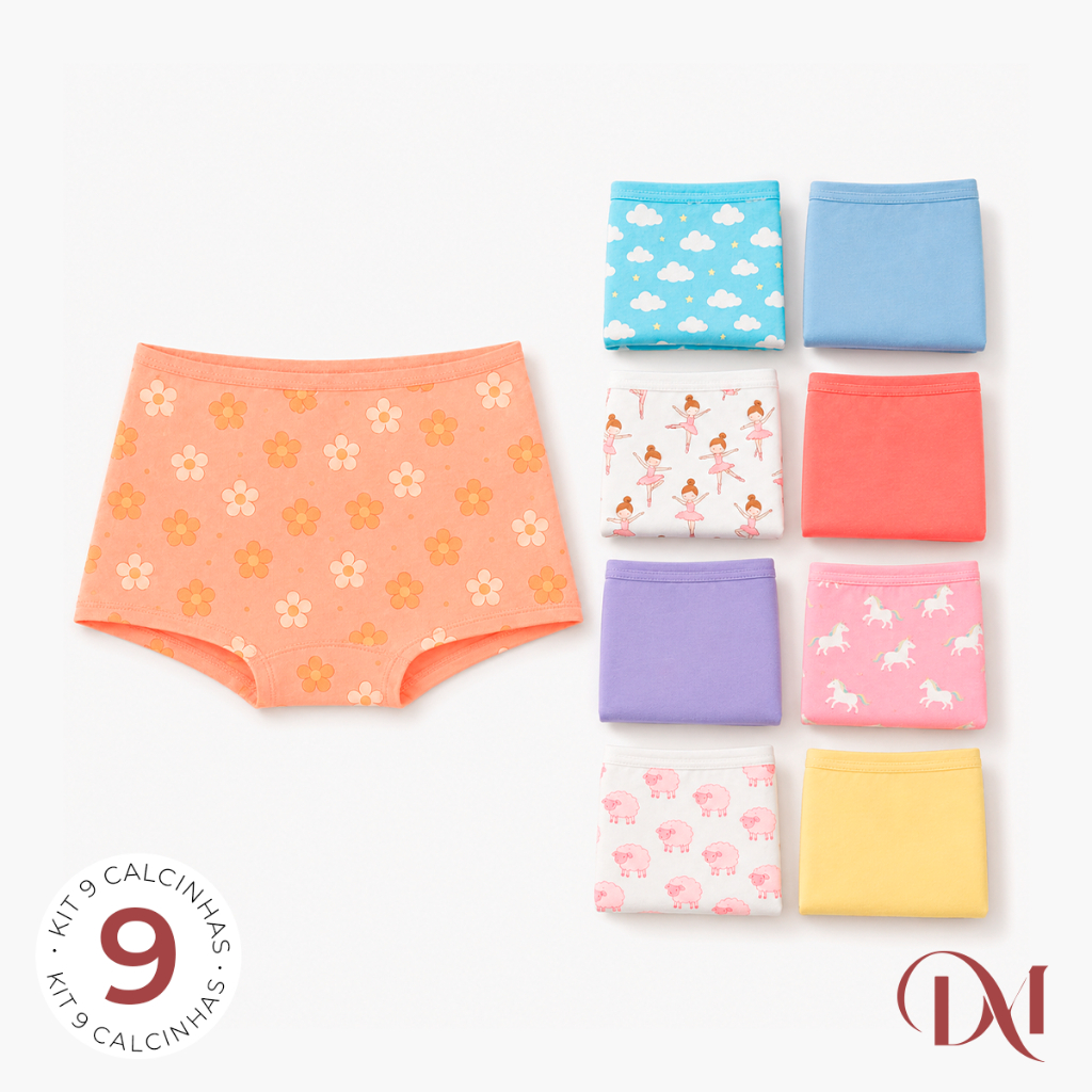 Kit 9 Calcinhas Infantil Estilo Shortinho Boxer Para Meninas 100% Algodão Macias e Confortáveis