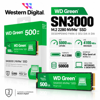 SSD M.2 500GB WD Green SN3000 NVMe PCIe Gen4 Leitura 5000MB/s Gravação 4100MB/s WDS500G4G0E