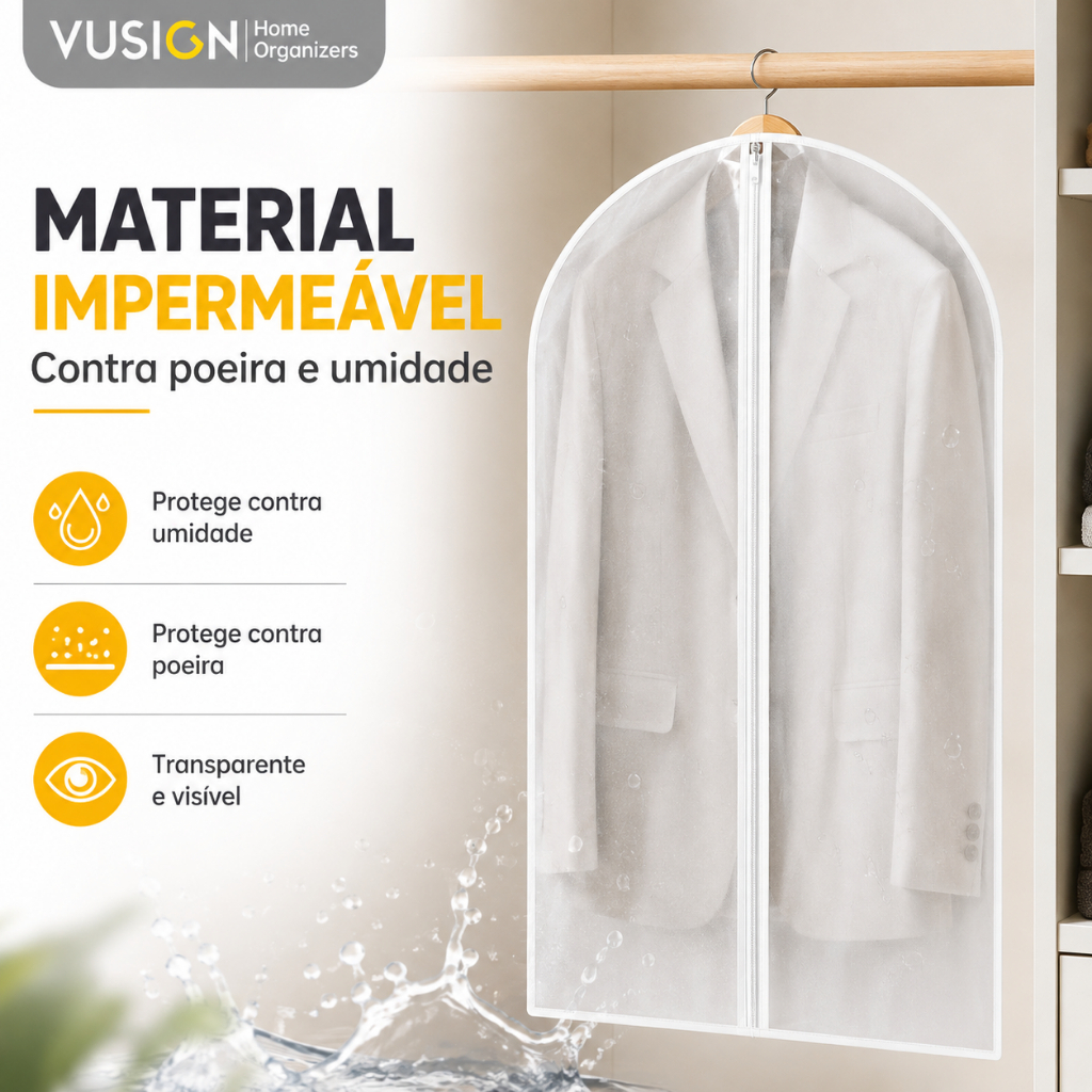 Kit 2 Capas Protetoras para Roupas Transparente com Zíper Antipoeira e Impermeável para Cabides