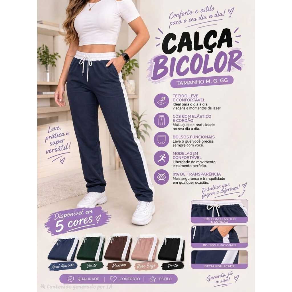 Calça Feminina Bicolor, Calça Moletinho, Calça Elegante Estilosa