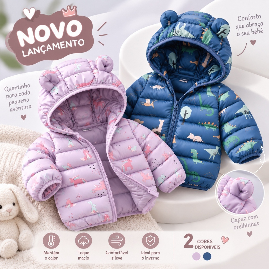Casaco Bebê Jaqueta com Capuz Casaco Puffer Quentinho Menino Menina Acolchoada de Inverno com Capuz e Orelhinhas