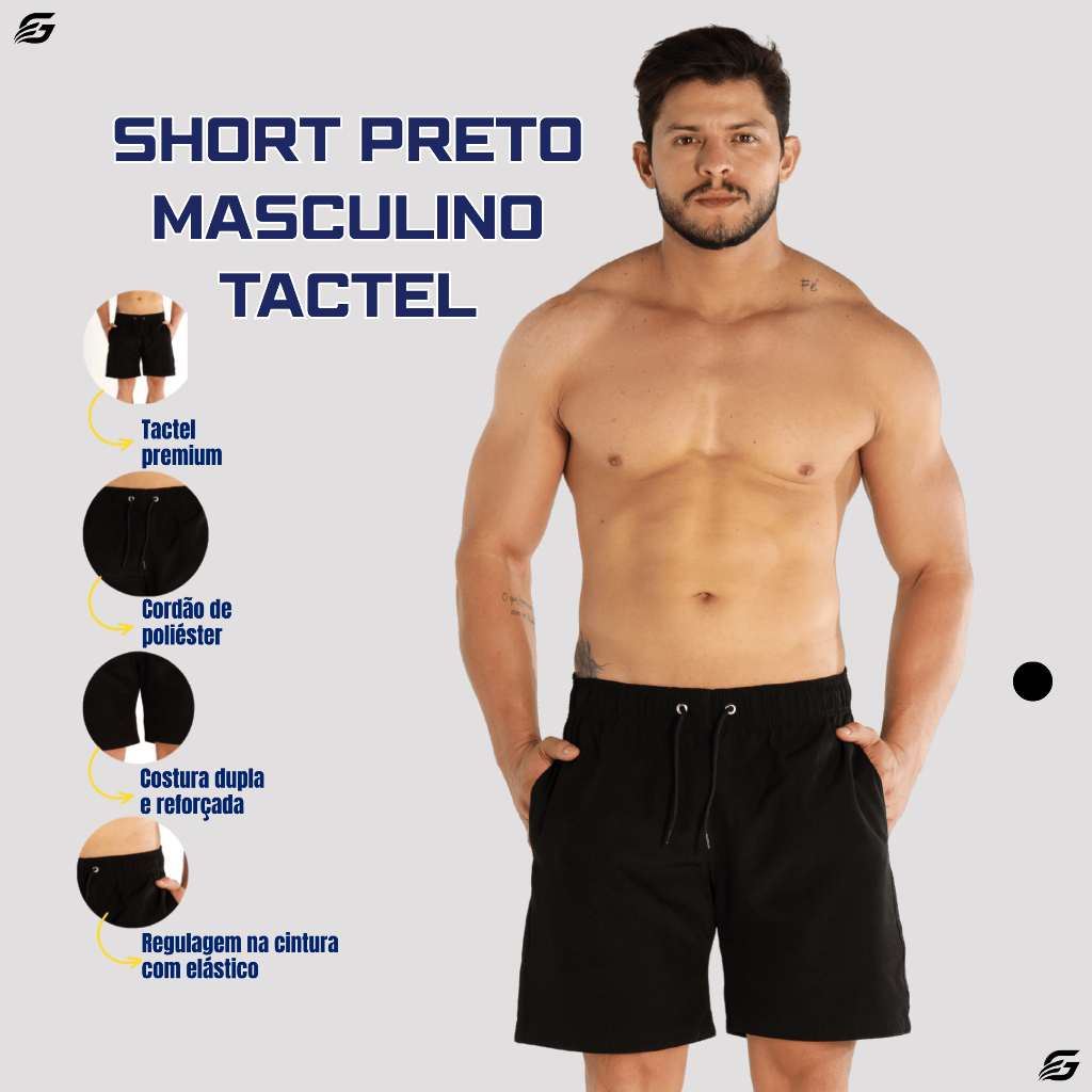 Short Preto Masculino Tactel Premium Com Elastano Secagem Rápida Bolsos Academia Praia