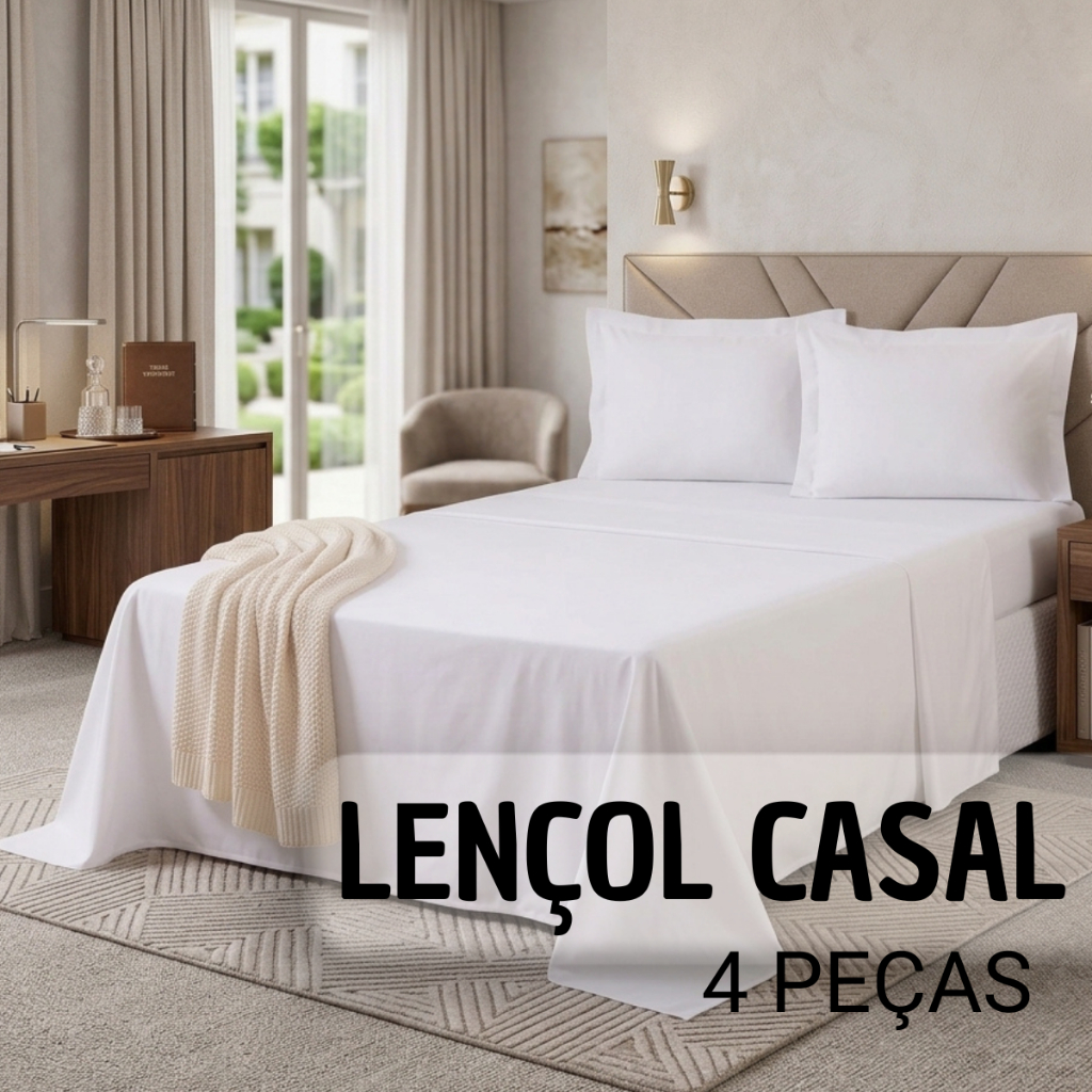 Jogo Lençol Cama Casal 4 Peças Branco Com Elástico Toque Macio Confortável Hotel
