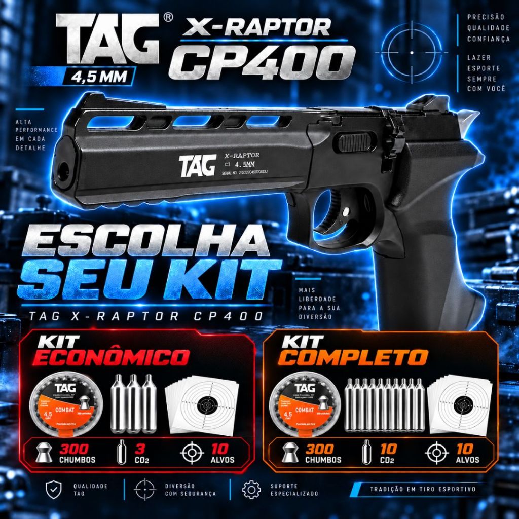 Pistola CO2 TAG Raptor CP400 4,5mm Kit 3 CO2 + 250 Chumbinhos