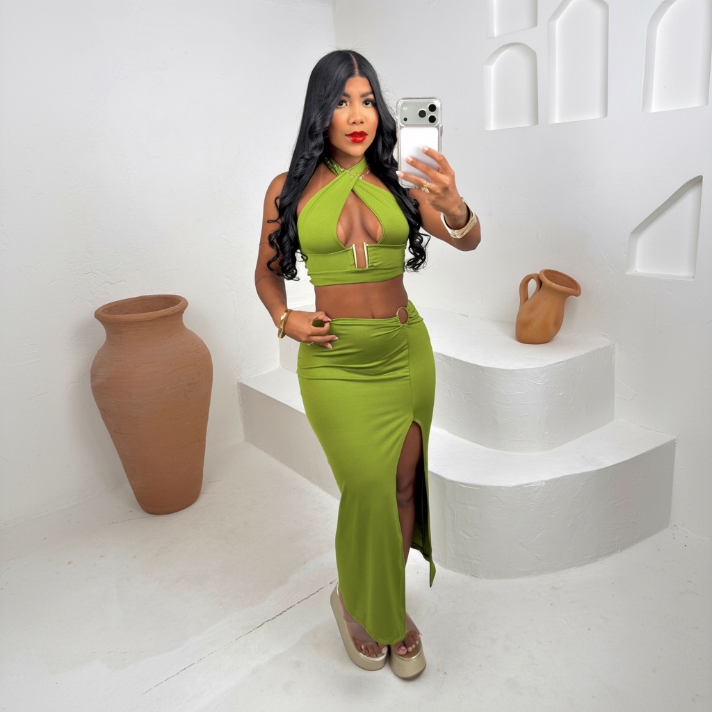 Conjunto Midi Ayla Feminino em Malha Suplex com Detalhes em Metal Cropped + Saia com Fenda