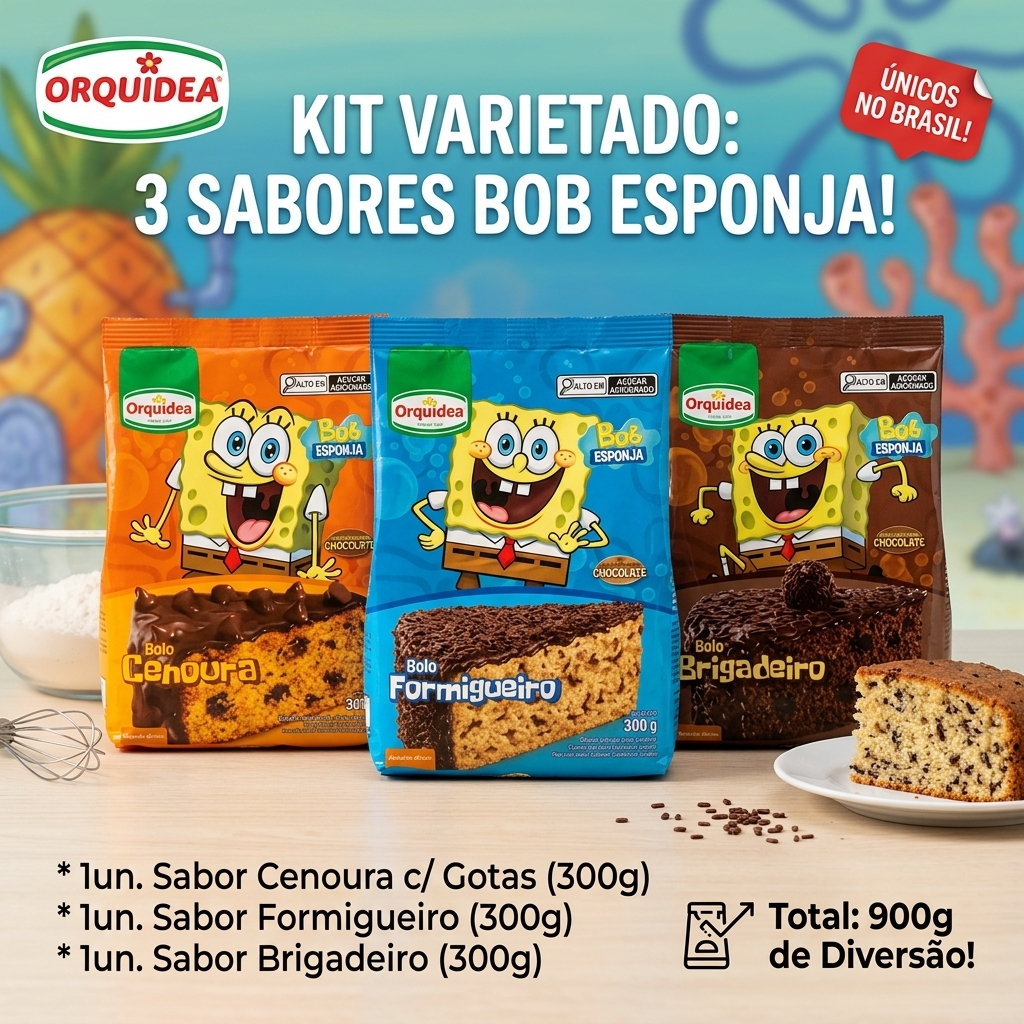 Kit 3 Sabores Mistura Para Bolo Bob Esponja Orquídea 900g