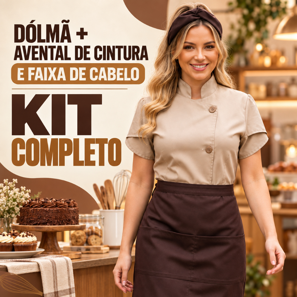 Dolma Chef Confeiteira Cozinheira Restaurante Feminino Uniforme Avental e Faixa de Cabelo Conjunto Chef OXFORD