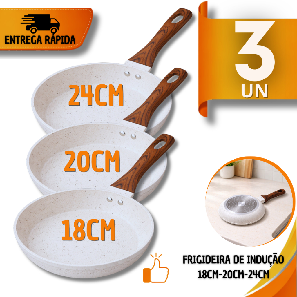 kit Frigideiras Antiaderente 24/20/18 cm Cerâmica Antiaderente Branca Menos Óleo Utensílios