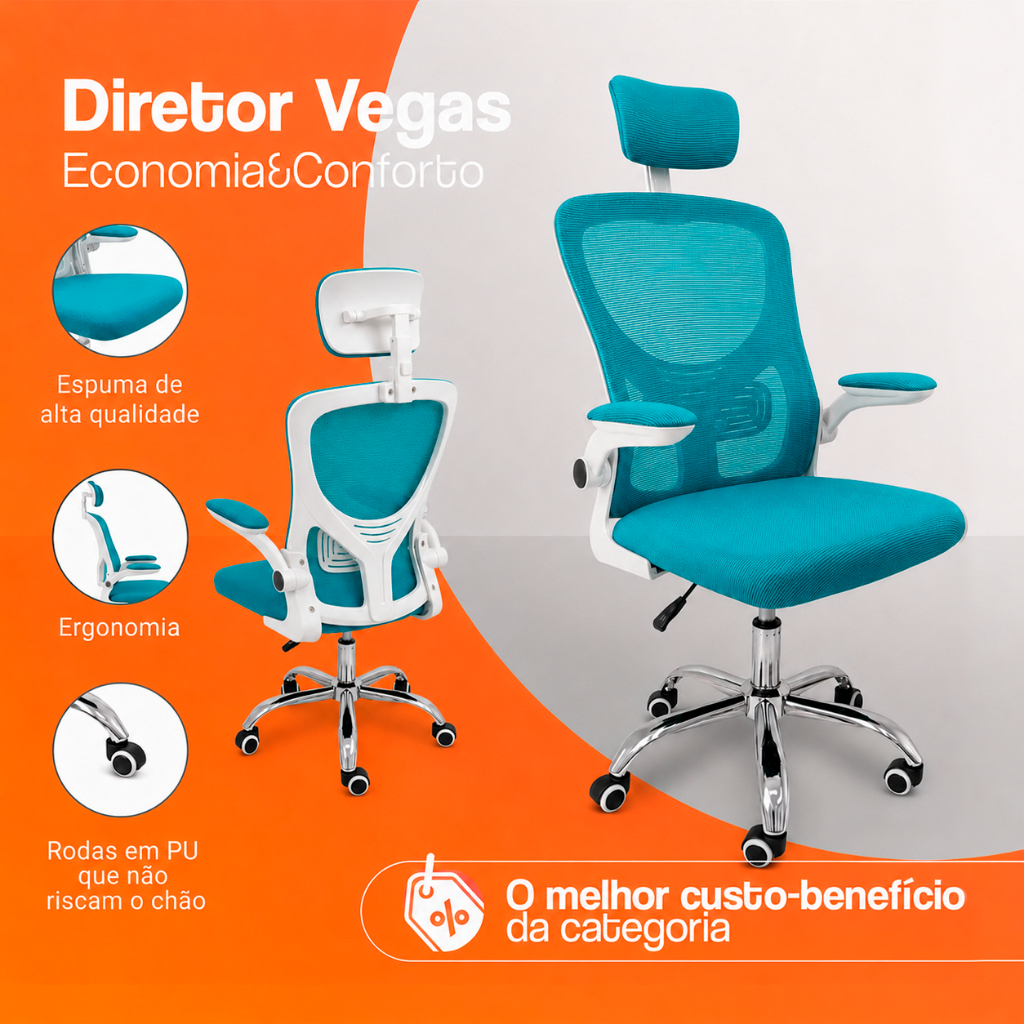 Cadeira Diretor Vegas Mesh: Ergonômica, Apoio Lombar e Cabeça, Braços Retráteis, Base Cromada, até 120kg Azul e Branco · foto 2