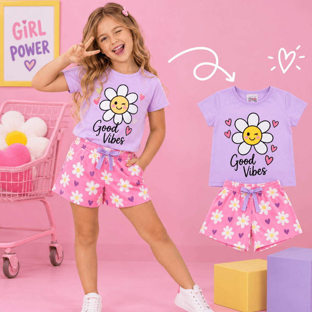 Kit Sortido 4 Peças Infantil Menina 2 Conjuntos de Roupas Feminino 2 Camisetas + 2 Bermudas/Shorts 100% Algodão